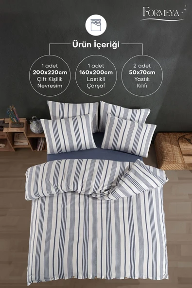 Formeya Düğmeli Lastikli Çarşaflı Pamuklu İpliği Boyalı Çift Kişilik Nevresim Takımı (2 Adet Yastık Kılıflı) - 3
