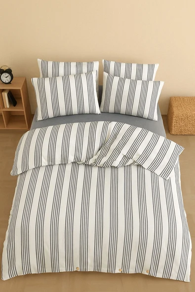 Formeya Düğmeli Lastikli Çarşaflı Pamuklu İpliği Boyalı Tek Kişilik Nevresim Takımı (1 Adet Yastık Kılıflı) - 5