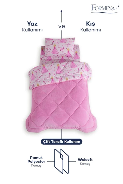 Formeya Princess Desenli Tek Kişilik Çift Taraflı Wellsoft Yorgan ve Yastık Kılıfı Seti (Çarşafsız) - 5