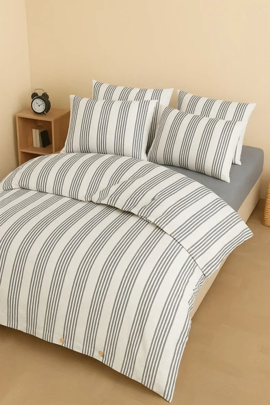 Formeya Düğmeli Lastikli Çarşaflı Pamuklu İpliği Boyalı Tek Kişilik Nevresim Takımı (1 Adet Yastık Kılıflı) - 6