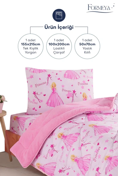 Formeya Tek Kişilik Çarşaflı Prenses Desenli Çift Taraflı Wellsoft Uyku Seti(Yorgan+Çarşaf+Yastık Kılıfı) - 3