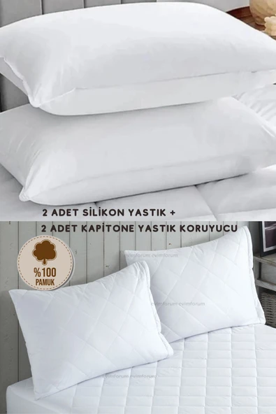 Formeya   2 Adet Silikon Yastık Ve 2 Adet %100 Pamuk Kapitone Yastık Koruyucu 50 X 70 cm