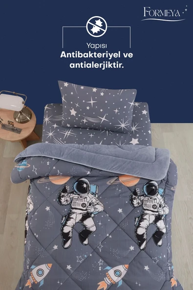 Tek Kişilik Çarşaflı Astronot Desenli Çift Taraflı Wellsoft Uyku Seti (Yorgan+Çarşaf+Yastık Kılıfı) - 5