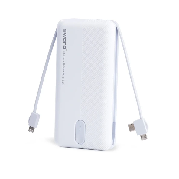 SWORD 20.000mAh Kendinden Kablolu Hızlı Güvenli Şarj Taşınabilir Beyaz Powerbank iPhone,Android Uyumlu SW-20PO3
