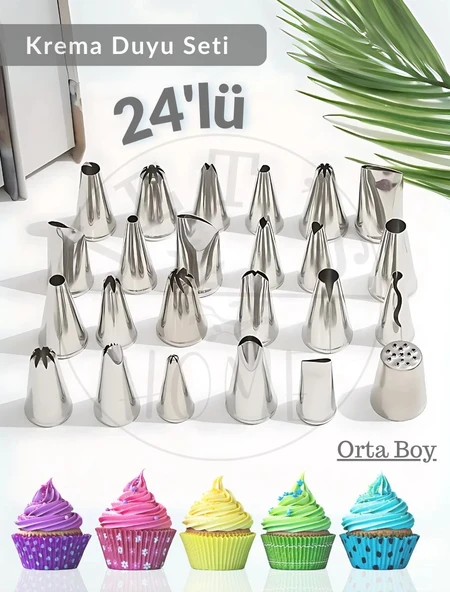 24’lü Krema Duyu Seti Orta Boy Pasta Dolgu Kreması Paslanmaz Şanti Duyu Çelik