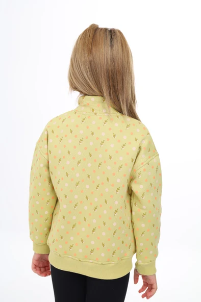 Toontoy Kız Çocuk Dik Yaka Fermuarlı Cepli Düşük Omuz Baskılı Örme Hırka - 2 İplik Şardonlu - 3