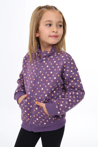 Toontoy Kız Çocuk Dik Yaka Fermuarlı Cepli Düşük Omuz Baskılı Örme Hırka - 2 İplik Şardonlu - 6