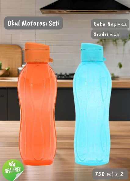 2’li Okul Matarası Seti BPA FREE Öğrenci Suluğu Kokusuz Suluk Mavi Turuncu 750 ml