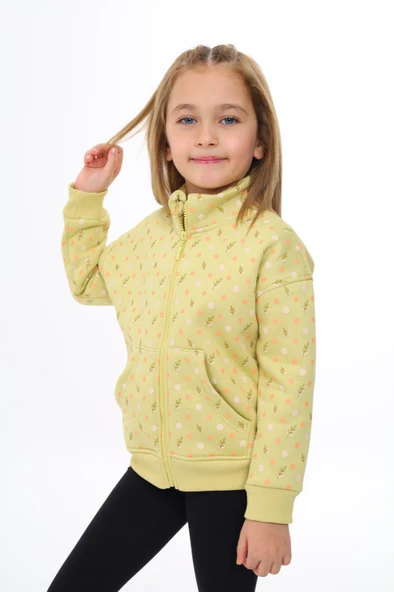 Toontoy Kız Çocuk Dik Yaka Fermuarlı Cepli Düşük Omuz Baskılı Örme Hırka - 2 İplik Şardonlu - 2