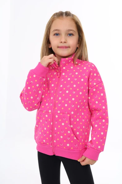 Toontoy Kız Çocuk Dik Yaka Fermuarlı Cepli Düşük Omuz Baskılı Örme Hırka - 2 İplik Şardonlu - 9