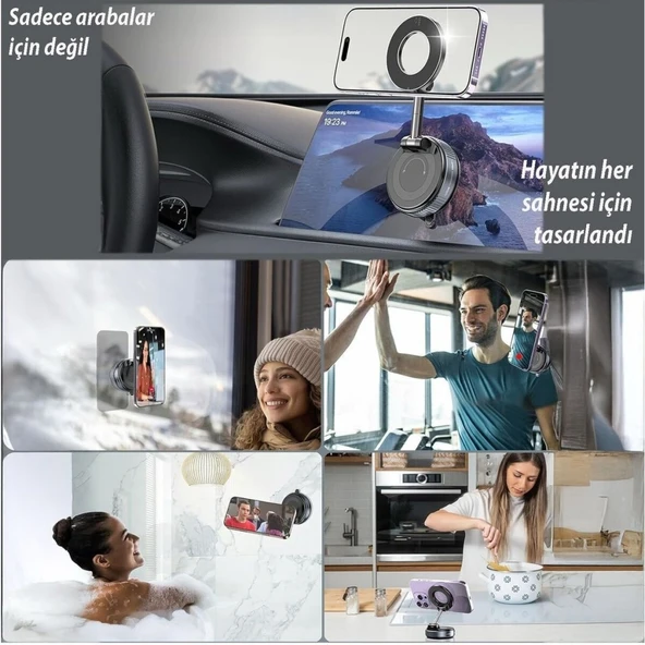 Manyetik Magsafe ile Uyumlu 360 Dönen Ayarlanabilir Araç İçi Telefon Tutucu Vakumlu Katlanabilir K007 - 12