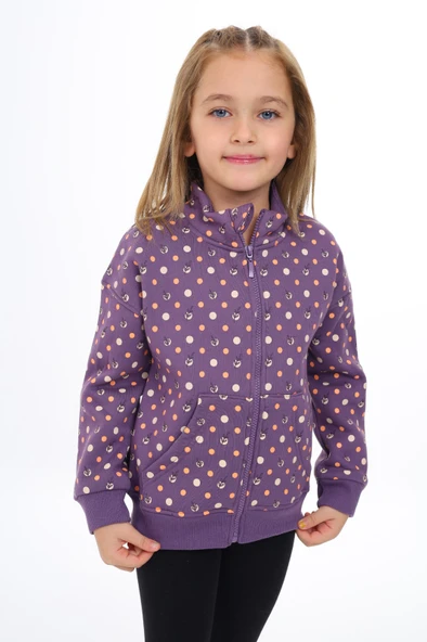 Toontoy Kız Çocuk Dik Yaka Fermuarlı Cepli Düşük Omuz Baskılı Örme Hırka - 2 İplik Şardonlu - 5