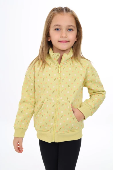 Toontoy Kız Çocuk Dik Yaka Fermuarlı Cepli Düşük Omuz Baskılı Örme Hırka - 2 İplik Şardonlu - 4