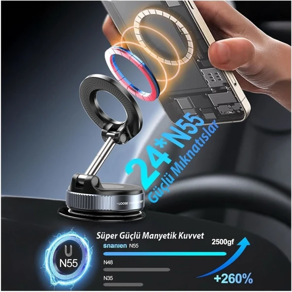 Manyetik Magsafe ile Uyumlu 360 Dönen Ayarlanabilir Araç İçi Telefon Tutucu Vakumlu Katlanabilir K007 - 11