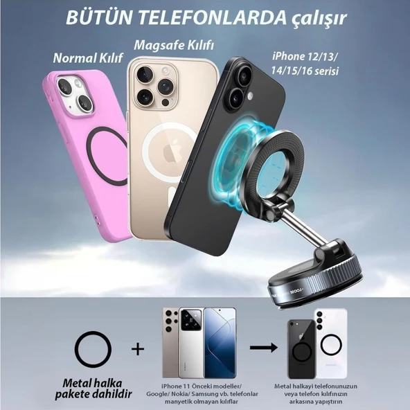 Manyetik Magsafe ile Uyumlu 360 Dönen Ayarlanabilir Araç İçi Telefon Tutucu Vakumlu Katlanabilir K007 - 5