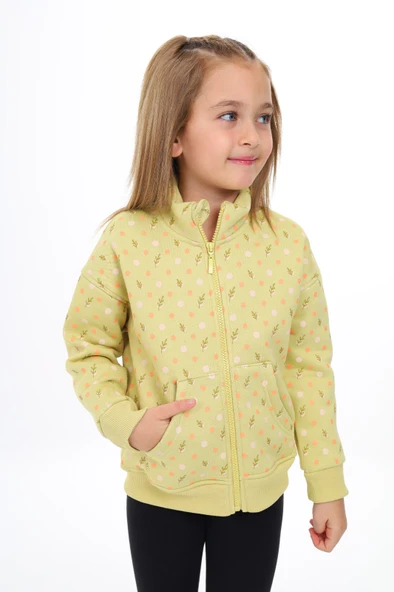 Toontoy Kız Çocuk Dik Yaka Fermuarlı Cepli Düşük Omuz Baskılı Örme Hırka - 2 İplik Şardonlu