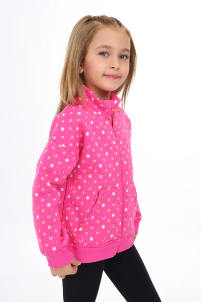 Toontoy Kız Çocuk Dik Yaka Fermuarlı Cepli Düşük Omuz Baskılı Örme Hırka - 2 İplik Şardonlu - 10