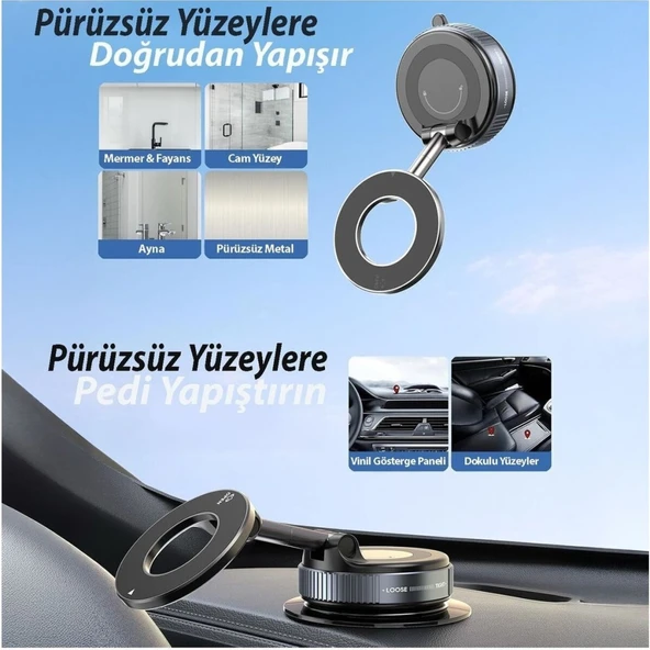 Manyetik Magsafe ile Uyumlu 360 Dönen Ayarlanabilir Araç İçi Telefon Tutucu Vakumlu Katlanabilir K007 - 9