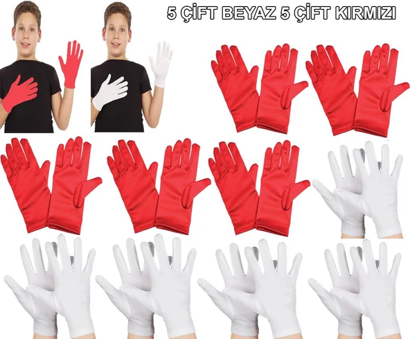 Çocuk Gösteri Eldiven Seti – 5 Çift Beyaz & 5 Çift Kırmızı - 1