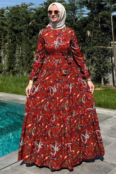 Şal Desenli Elbise Kiremit - Resim 3