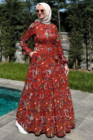 Şal Desenli Elbise Kiremit - Resim 7