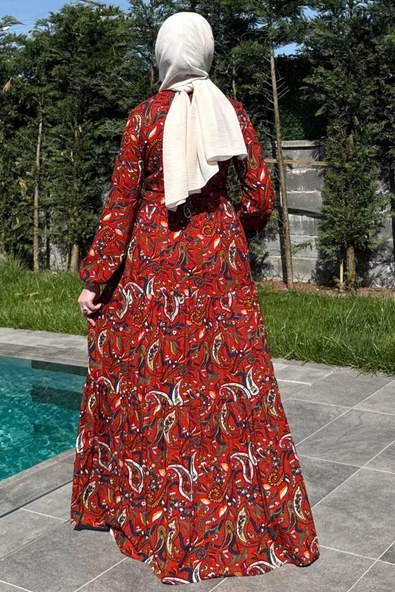 Şal Desenli Elbise Kiremit - Resim 8