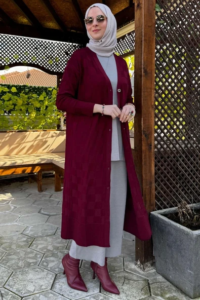 Dama Desenli Triko Hırka Bordo - 5