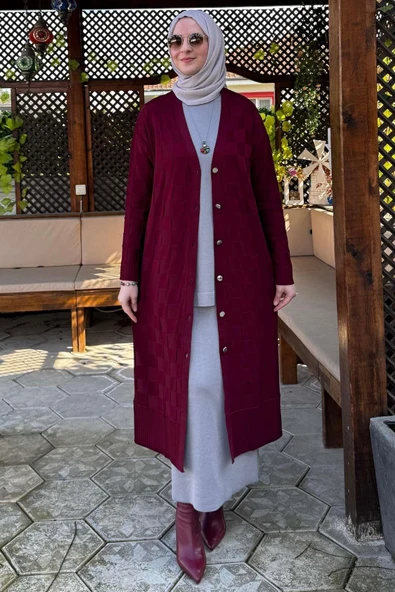 Dama Desenli Triko Hırka Bordo - 3