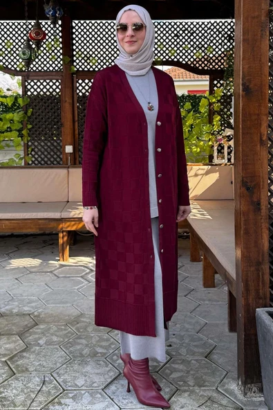 Dama Desenli Triko Hırka Bordo - 6