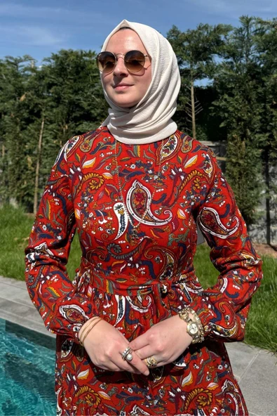Şal Desenli Elbise Kiremit - Resim 4