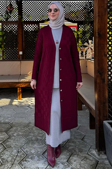 Dama Desenli Triko Hırka Bordo