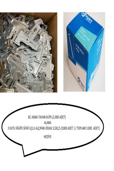 ASMA TAVAN KLİPS (1.000 ADET) ALANA 3 KUTU SİVRİ UÇLU VİDA RİGİPS 3,5X25( 1000 ADET) (3.000 ADET)