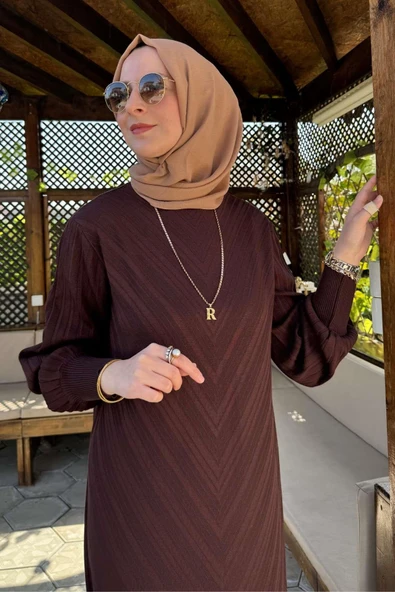 Yağmur Triko Elbise Acı Kahve - Resim 5