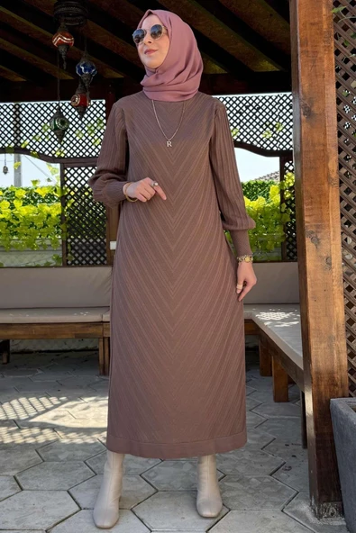 Yağmur Triko Elbise Sütlü Kahve - Resim 3