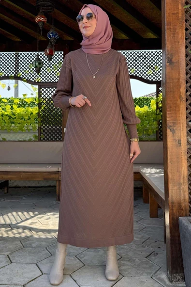 Yağmur Triko Elbise Sütlü Kahve - Resim 4