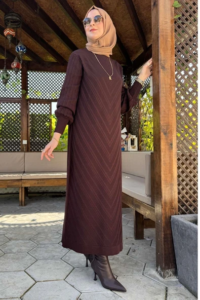 Yağmur Triko Elbise Acı Kahve - Resim 6