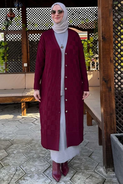 Dama Desenli Triko Hırka Bordo - 4