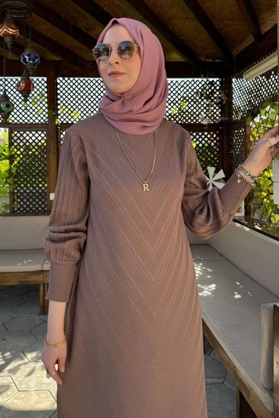 Yağmur Triko Elbise Sütlü Kahve - Resim 2