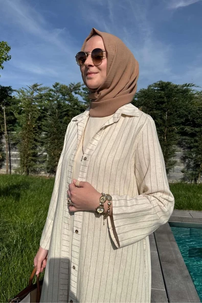 Çizgili Natural Kap Kahve - 4