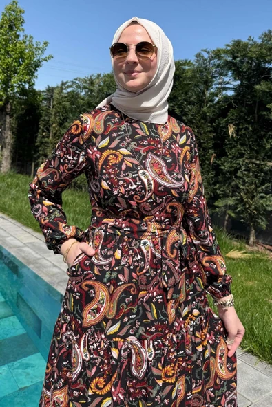 Şal Desenli Elbise Siyah - 3