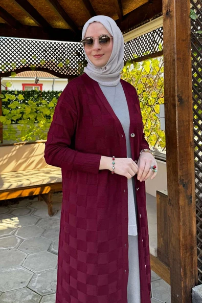 Dama Desenli Triko Hırka Bordo - 7