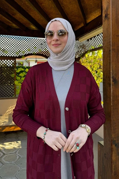 Dama Desenli Triko Hırka Bordo - 2