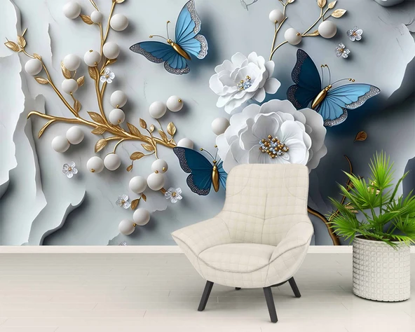 3D Beyaz Çiçek ve İnci Duvar Kağıdı Baskı - Resim 5