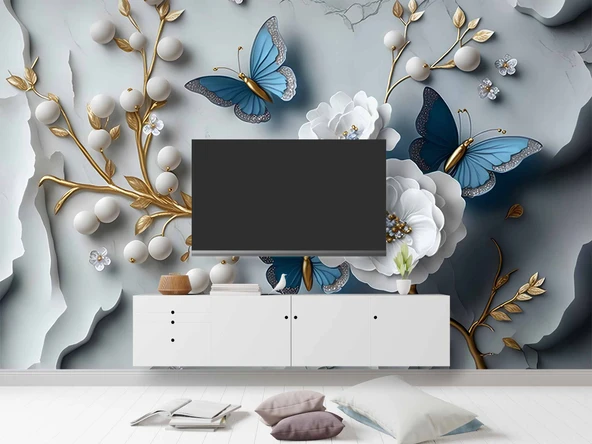 3D Beyaz Çiçek ve İnci Duvar Kağıdı Baskı - Resim 3