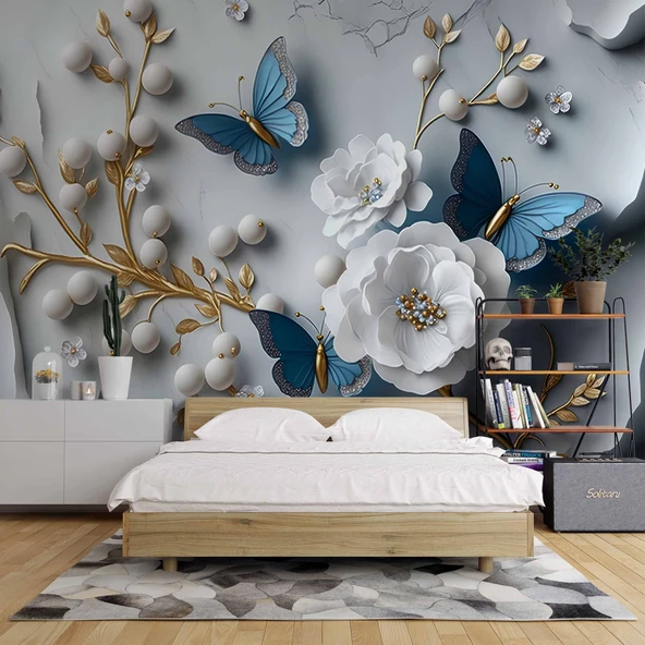 3D Beyaz Çiçek ve İnci Duvar Kağıdı Baskı - Resim 2