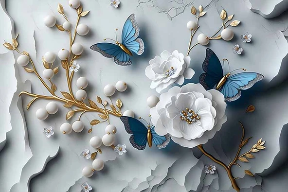 3D Beyaz Çiçek ve İnci Duvar Kağıdı Baskı - Resim 6