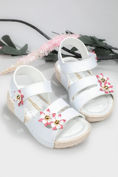 Beınsteps Çiçekli Cırtlı Rahat Beyaz Çocuk Sandalet 2455
