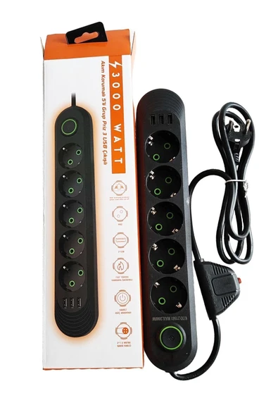 Termal Akım Korumalı 3000watt 5li Priz 3 USB li Yüksek Kalite