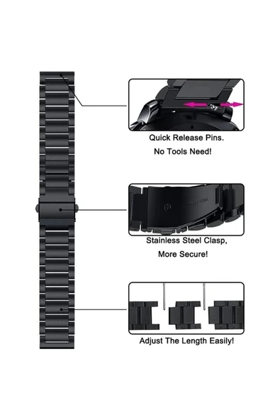 Samsung Galaxy Gear S2 Classic Gear Sprot R600 Uyumlu Çelik Metal Paslanmaz 20mm Saat Kordonu - 4