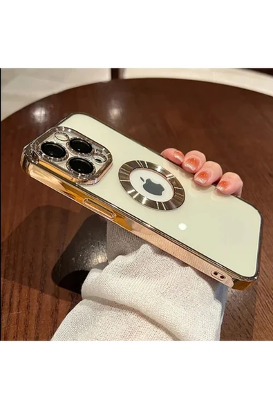Iphone 12 Pro Uyumlu Kılıf Kamera Lens Korumalı Orta Halka Logo Gösterir Şeffaf Parlak Kenarlı Kapak